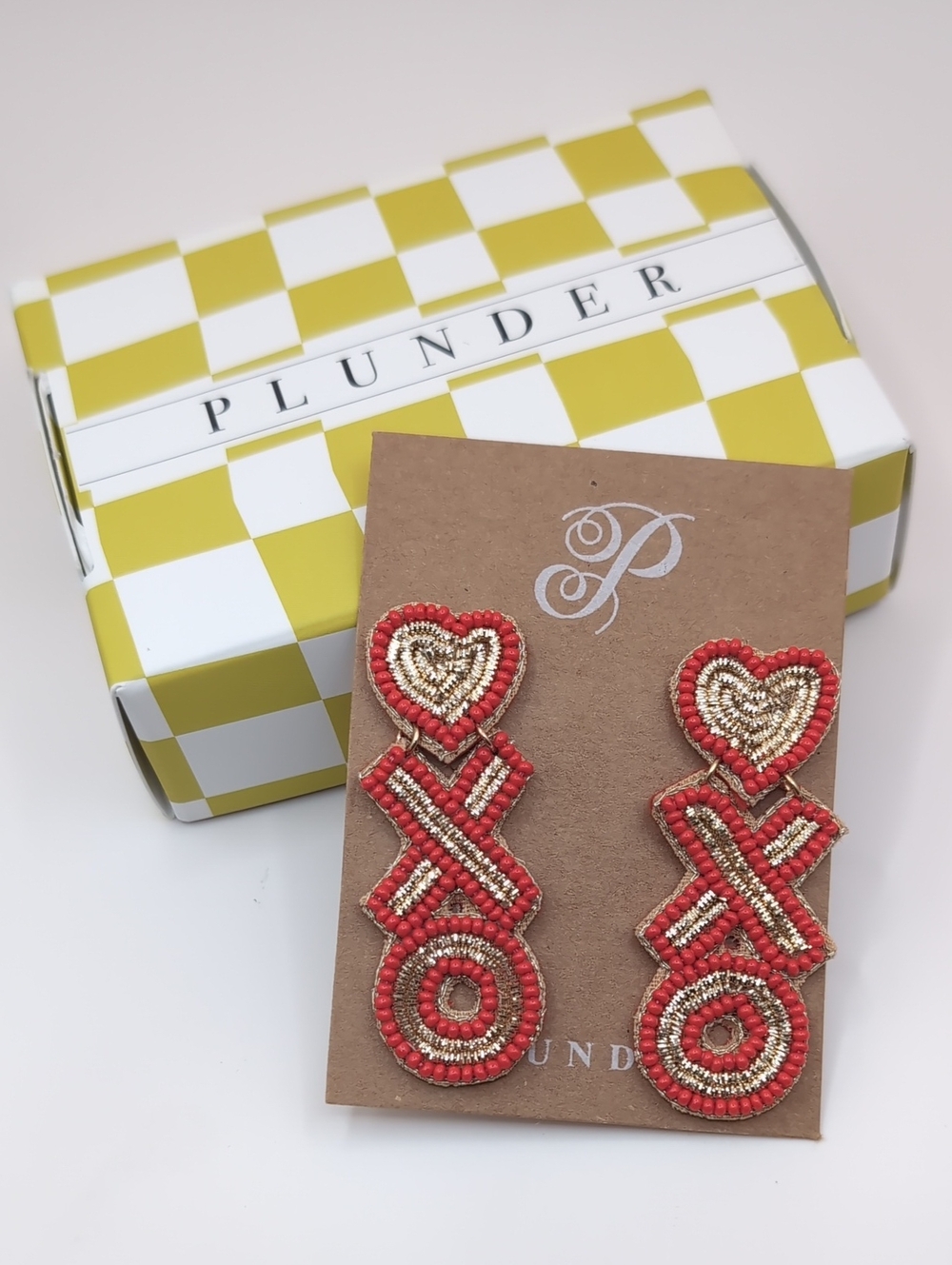 Plunder Designs XOXO Red & Gold Beaded Dangle Earrings New In Box